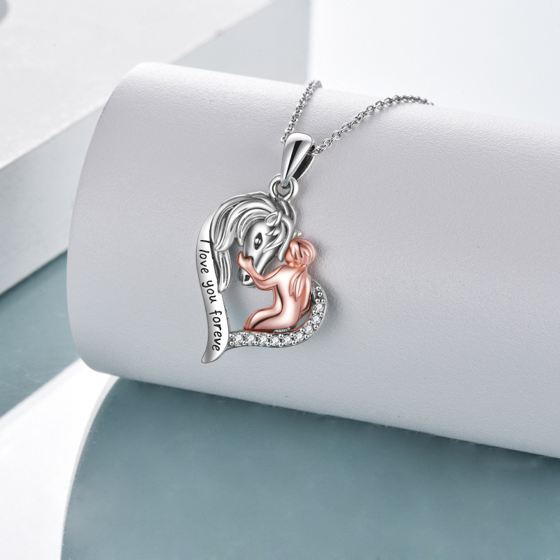 Collar de plata de ley de dos tonos con forma circular de caballo y colgante de corazón co-3