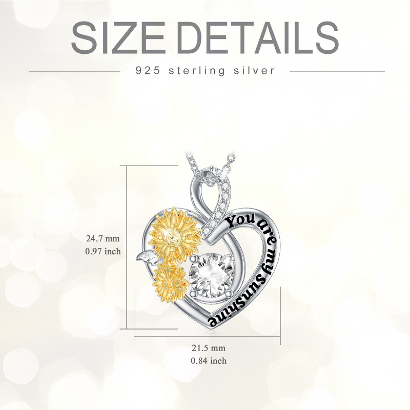 Collar con colgante de corazón de girasol de moissanita en forma circular de dos tonos de plata de ley con palabra grabada-5