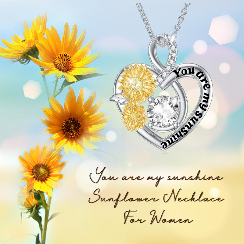 Collar con colgante de corazón de girasol de moissanita en forma circular de dos tonos de plata de ley con palabra grabada-6