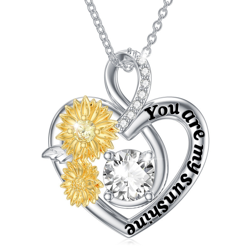 Collar con colgante de corazón de girasol de moissanita en forma circular de dos tonos de plata de ley con palabra grabada-1