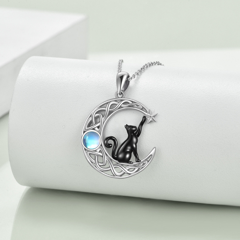 Sterling Silver Two-tone Circular Shaped Moonstone Cat & Moon Pendant Necklace-3