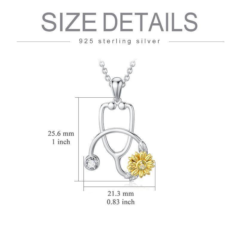 Collar con colgante de estetoscopio con forma de girasol y circonita cúbica transparente de dos tonos en plata de ley-4