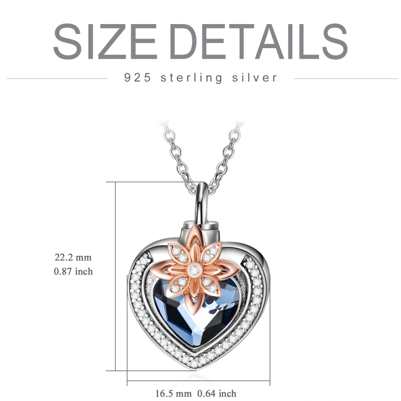 Collar de urna para cenizas de mujer con grabado en forma de corazón y flores de cristal de dos tonos en plata de ley-3