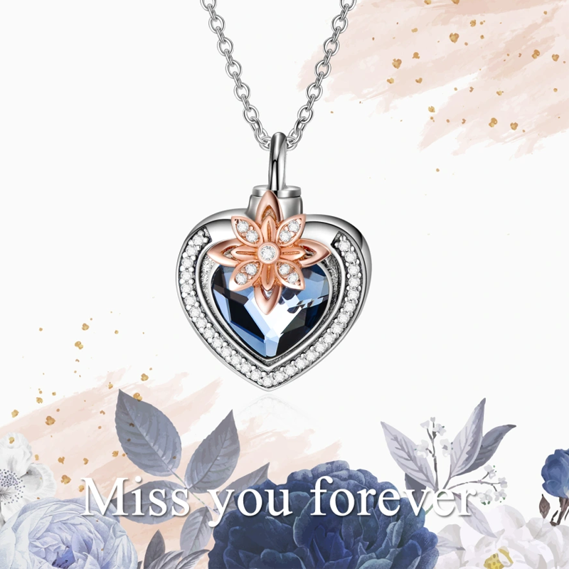 Collar de urna para cenizas de mujer con grabado en forma de corazón y flores de cristal de dos tonos en plata de ley-4