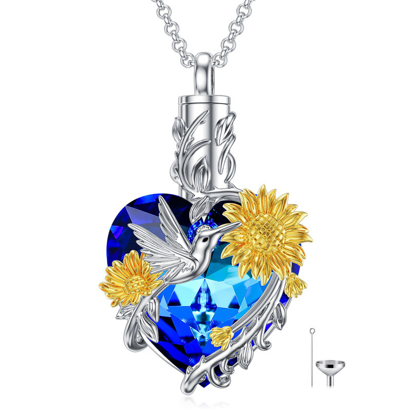 Sterling Silber zweifarbig Kristall Kolibri & Sonnenblume Urne Halskette für Asche-1