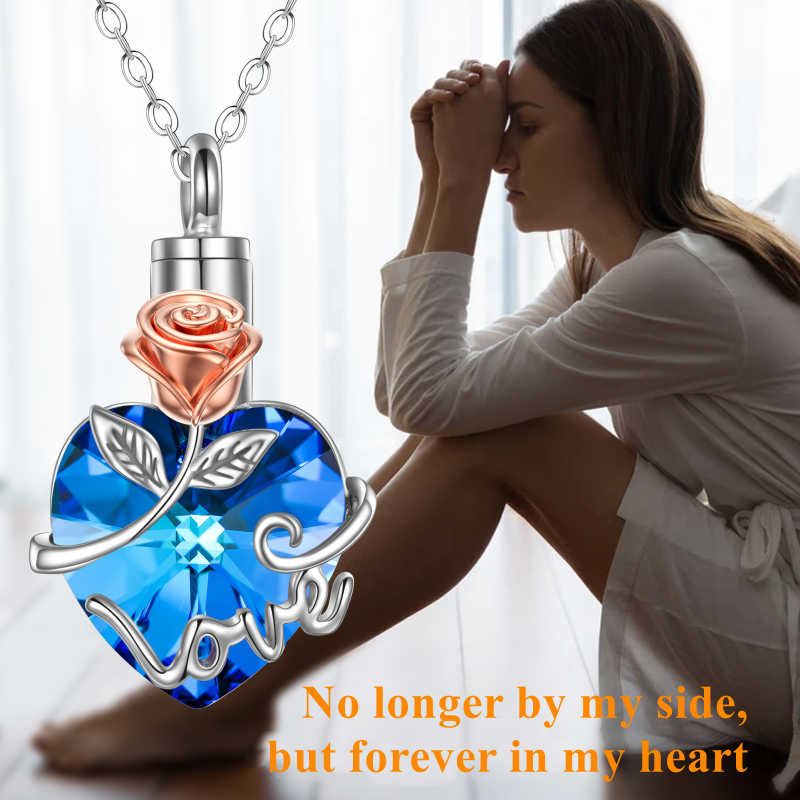 Collar de plata de ley rosa de cristal en dos tonos y urna de corazón-6
