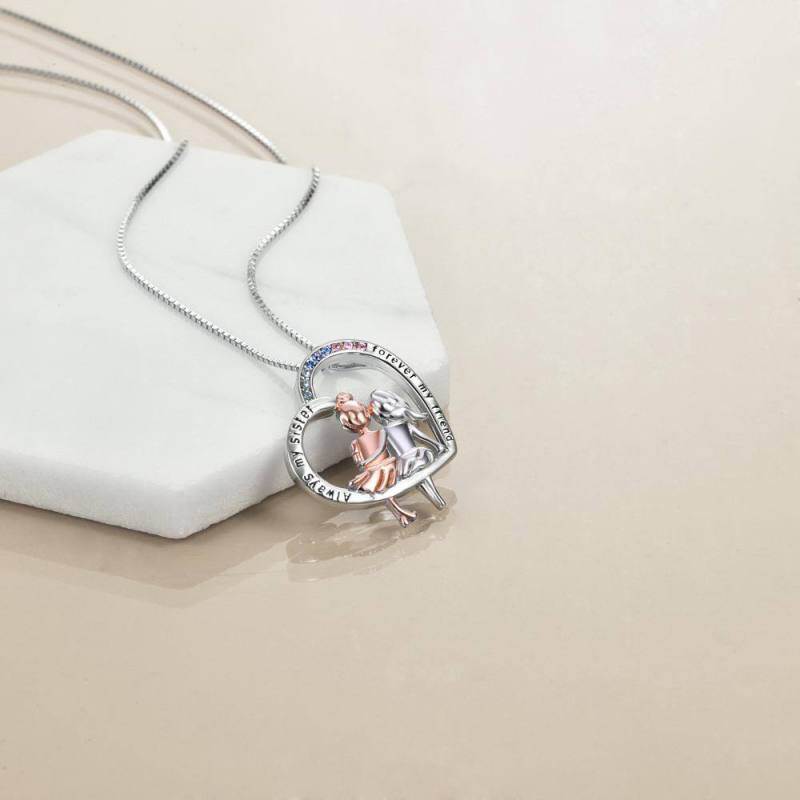 Collar de plata de ley bicolor con colgante de hermanas de cristal y palabra grabada-5