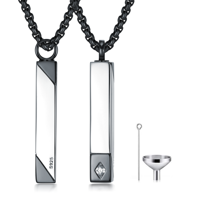 Collar de urna de cremación con barra de circonita cúbica de dos tonos de plata de ley para cenizas-1
