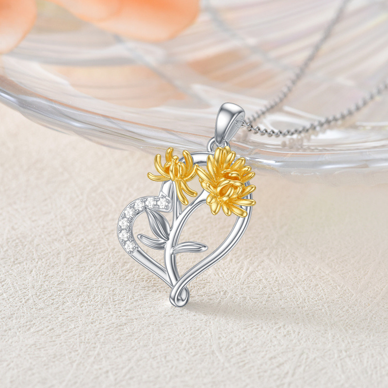 Collier pendentif en forme de cœur en argent sterling avec zircone cubique bicolore et chrysanthème-3