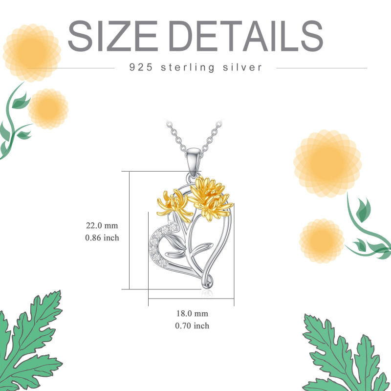 Collier pendentif en forme de cœur en argent sterling avec zircone cubique bicolore et chrysanthème-5