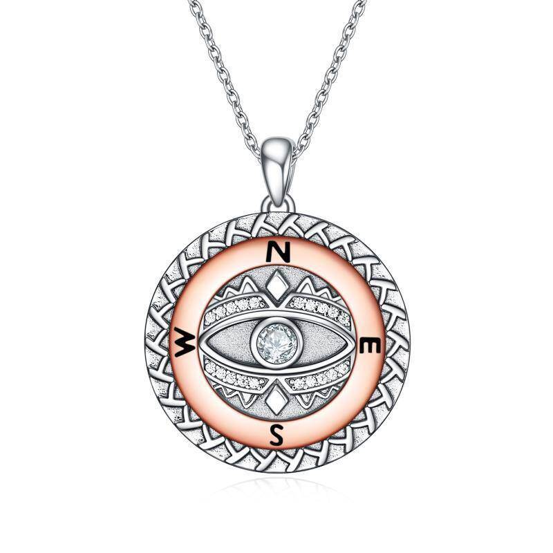 Collar con colgante de brújula y circonita cúbica de dos tonos en plata de ley-12