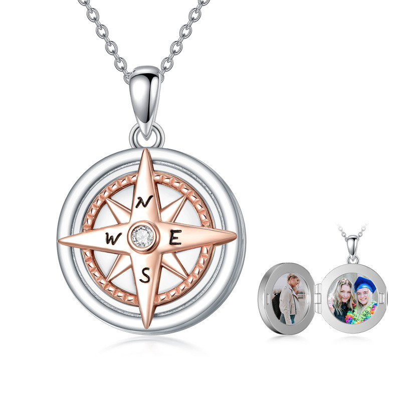 Sterling Silver Two-tone Cubic Zirconia Compass Personalized Photo Locket Necklace-19