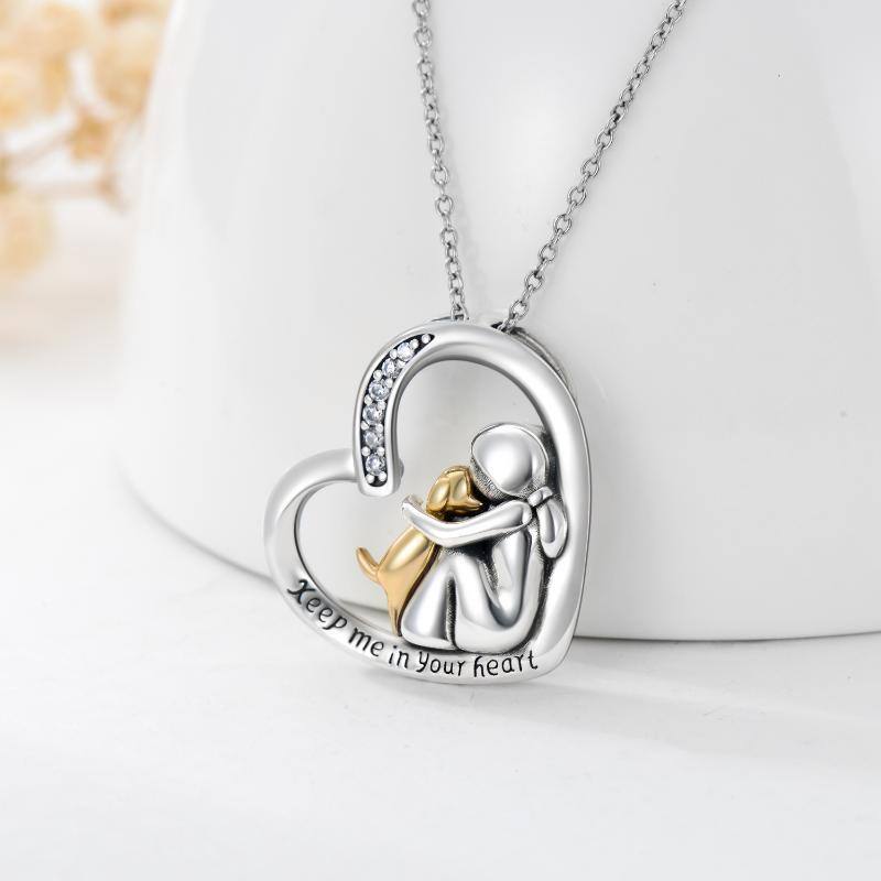Plata de ley de dos tonos de circonio cúbico perro y corazón urna collar de cenizas con la-4