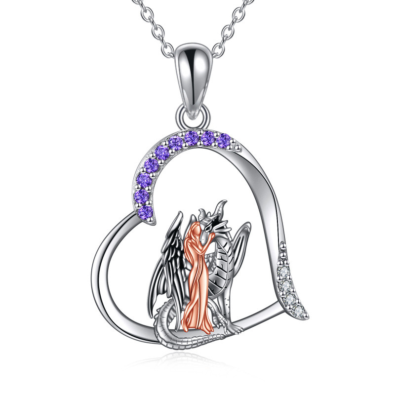 Sterling Silver Two-tone Cubic Zirconia Dragon Pendant Necklace-14