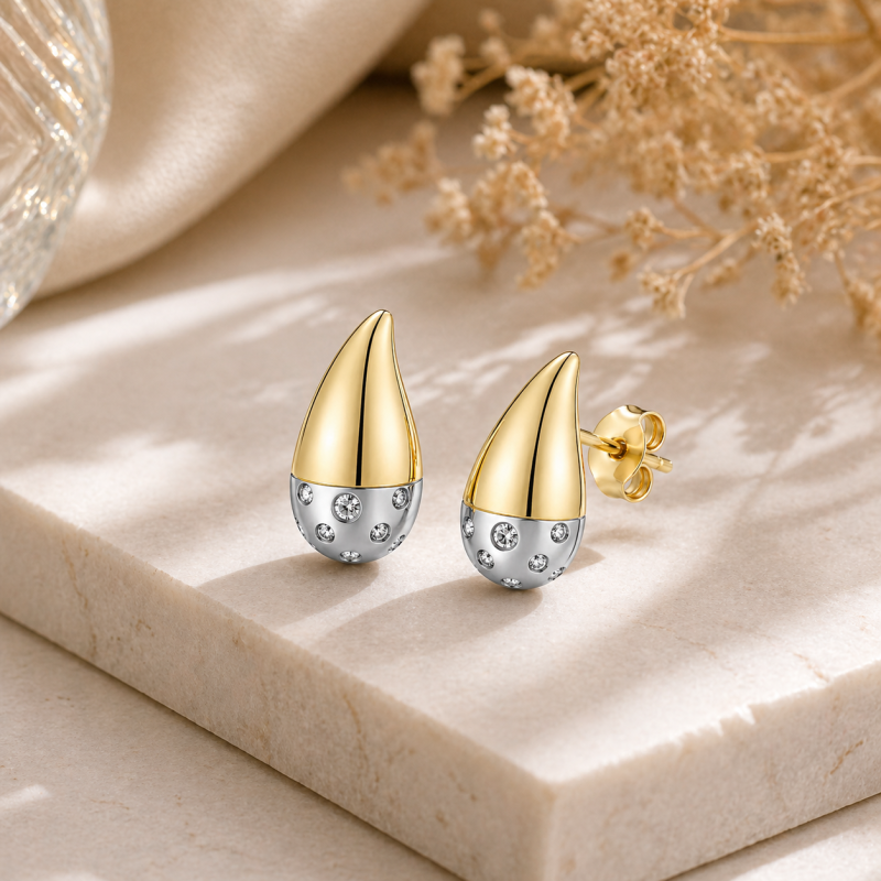 Sterling Silver Two-tone Cubic Zirconia Half Pave Teardrop Earrings-3
