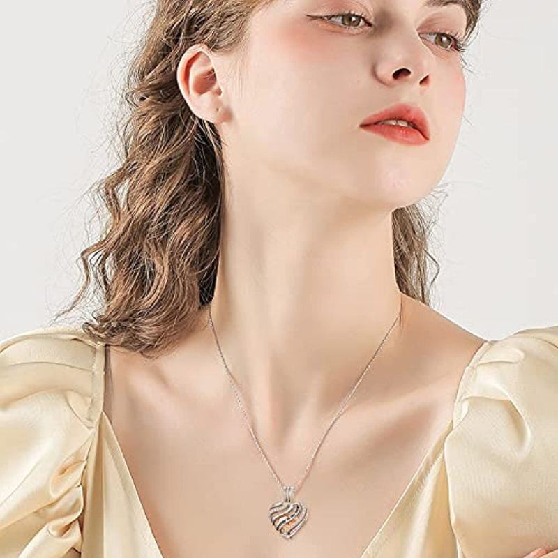 Collier en argent sterling pour cendres avec mot gravé et cœur en zircon cubique bicolore-2