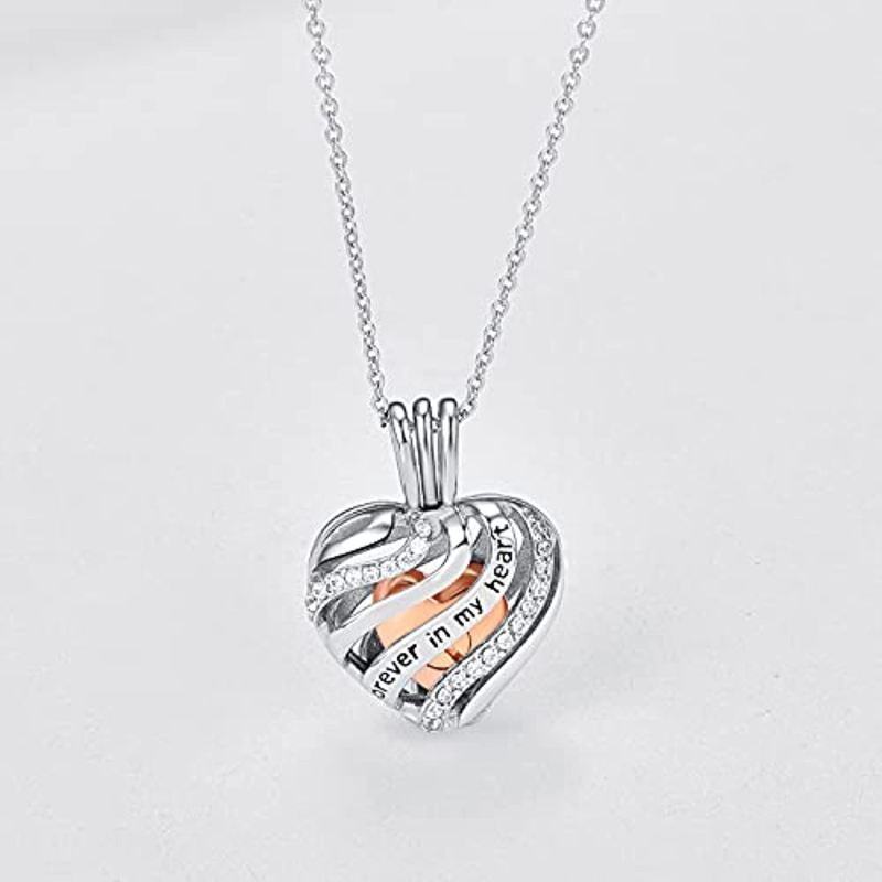 Collier en argent sterling pour cendres avec mot gravé et cœur en zircon cubique bicolore-3