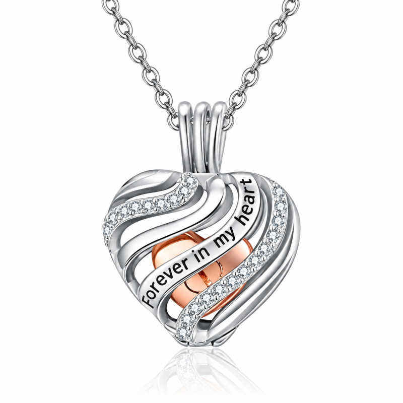 Plata de ley de dos tonos Cubic Zirconia Corazón Urna Collar para cenizas con la palabra g-15