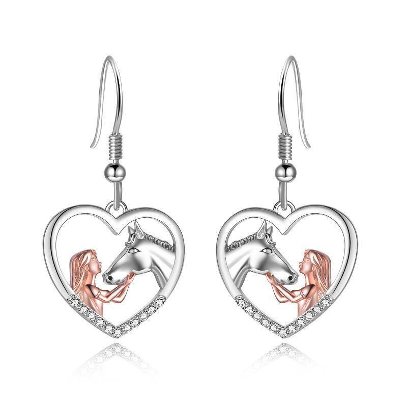 Zweifarbige Sterling Silber Cubic Zirkonia Pferd & Herz Ohrringe-20
