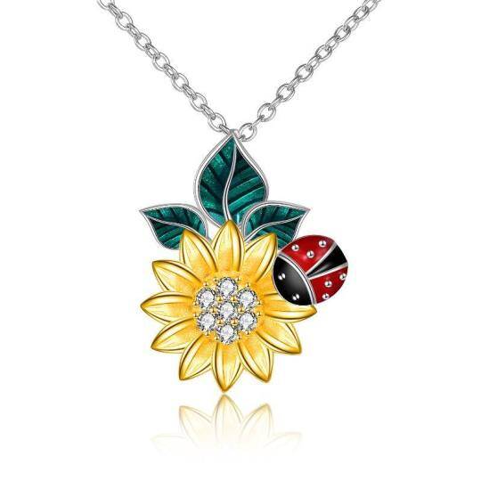 スターリングシルバー ツートン キュービックジルコニア てんとう虫＆ひまわり ペンダントネックレス