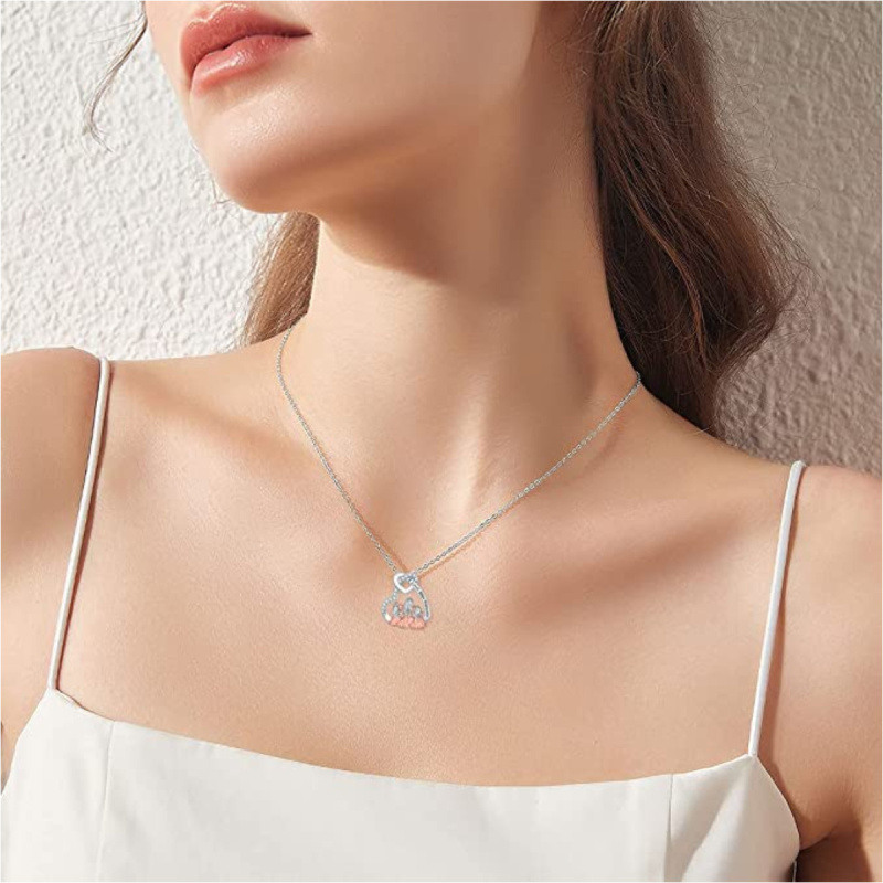 スターリングシルバー ツートン キュービックジルコニア マザー＆ドーター ハートペンダントネックレス 刻印入り-2
