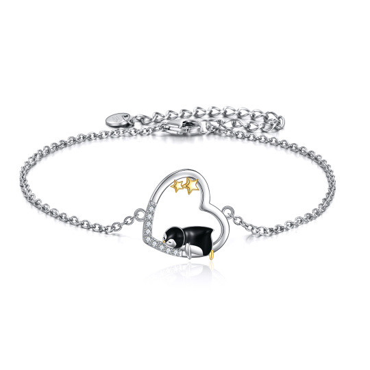 Pulsera con colgante de pingüino y corazón con circonita cúbica de dos tonos de plata de ley para mujer