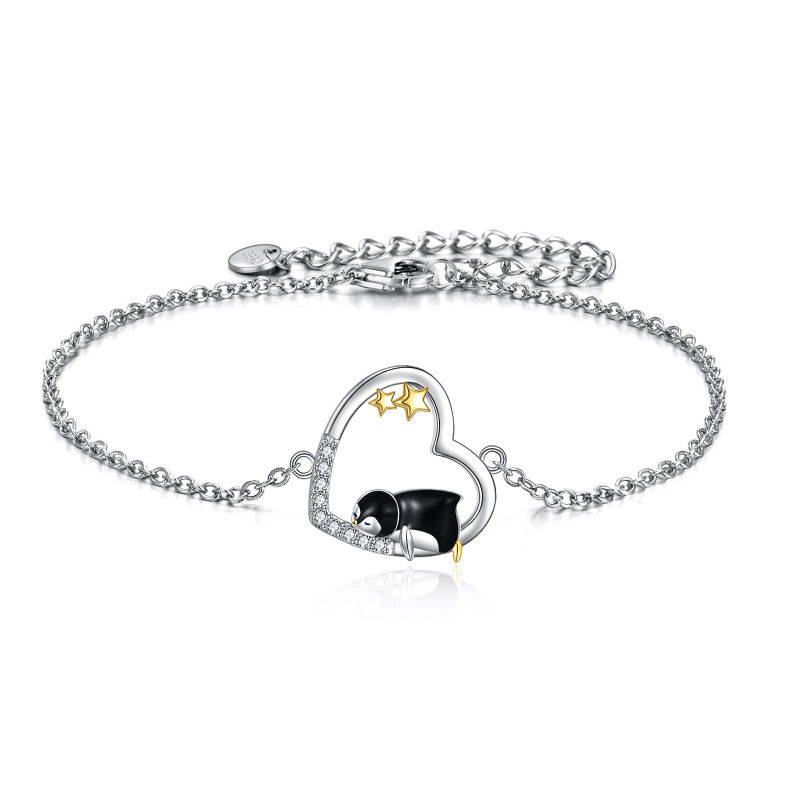 Pulsera con colgante de pingüino y corazón con circonita cúbica de dos tonos de plata de ley para mujer-6