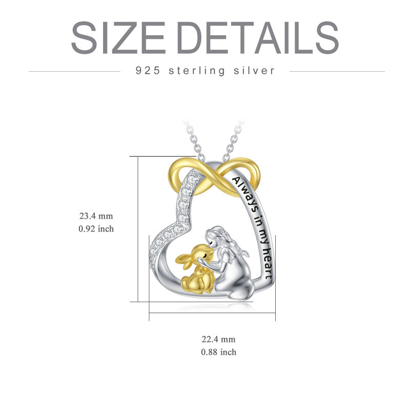 Collar con colgante de corazón de conejo de circonita cúbica de dos tonos de plata de ley con palabra grabada-6