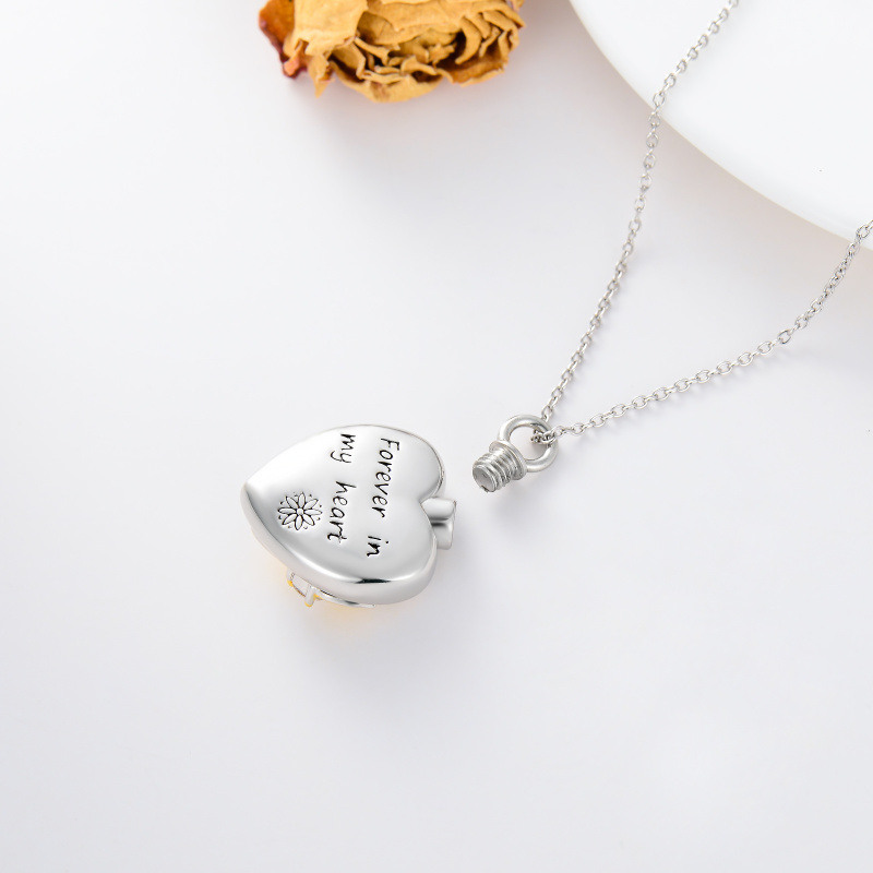 Sterling Silver Two-tone Cubic Zirconia Sunflower & Heart Urn Necklace for Ashes with Engraved Word-5