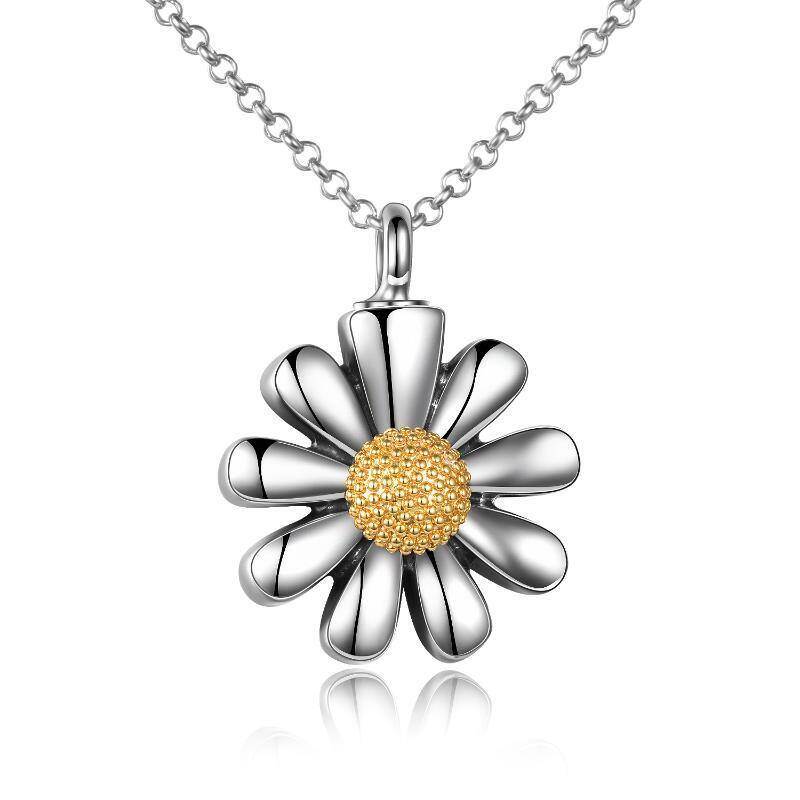 Sterling Silver Two-tone Daisy Urn Necklace for Ashes with Rolo Chain-2