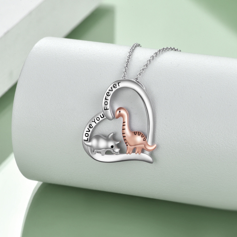 Collar de plata de ley de dos tonos con colgante de dinosaurio y corazón con palabra graba-3