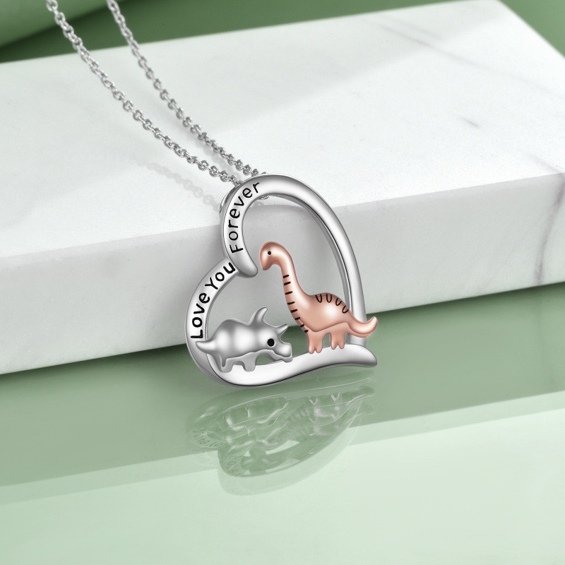 Collar de plata de ley de dos tonos con colgante de dinosaurio y corazón con palabra graba-4