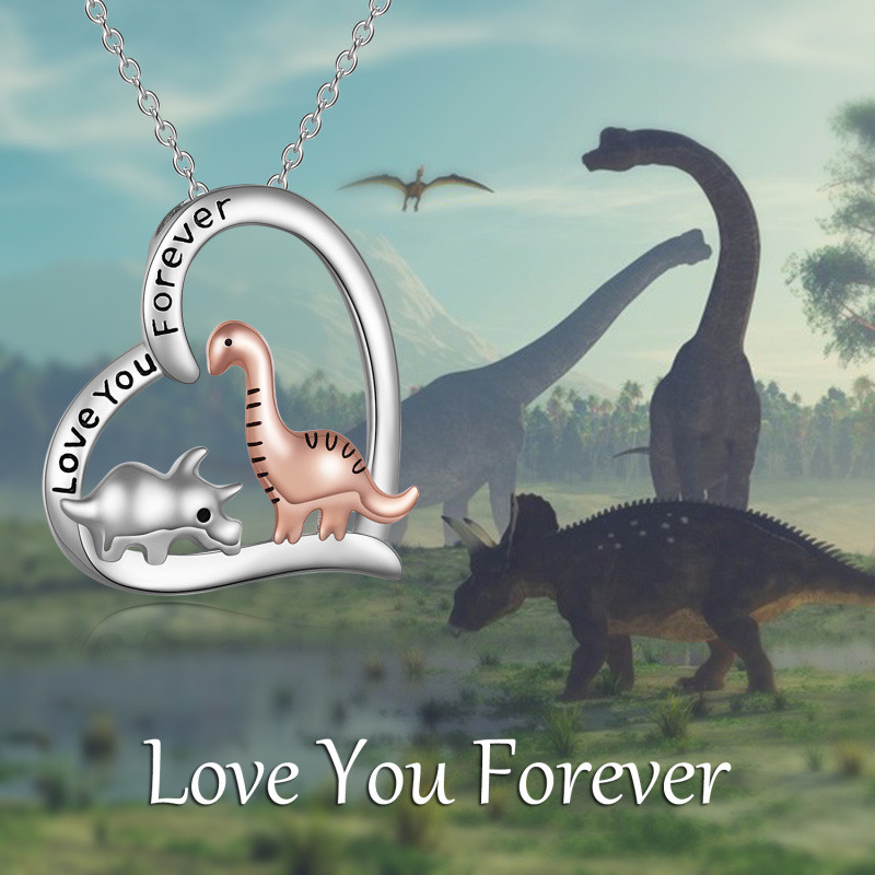Collar de plata de ley de dos tonos con colgante de dinosaurio y corazón con palabra graba-5