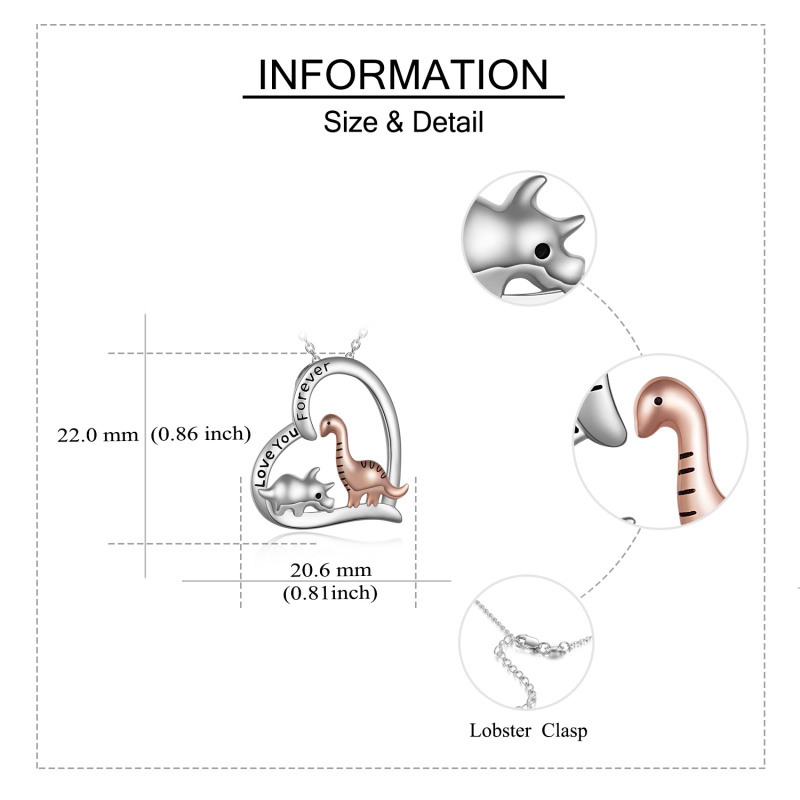 Collar de plata de ley de dos tonos con colgante de dinosaurio y corazón con palabra graba-6