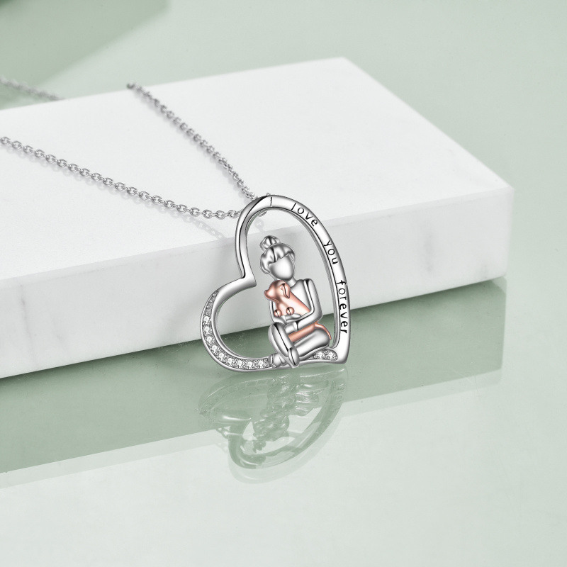 Collar grabado de niña y perro en dos tonos de plata esterlina para mujer-4