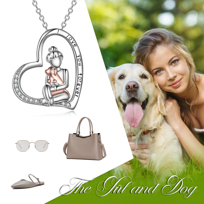 Collar grabado de niña y perro en dos tonos de plata esterlina para mujer-6