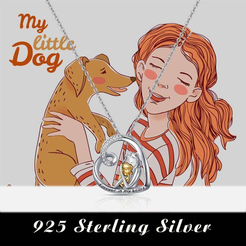 Collar con colgante de perro de dos tonos de plata de ley con palabra grabada-4