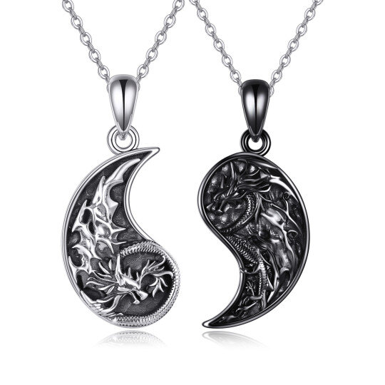 Collar con colgante de pareja de dragones en dos tonos de plata esterlina