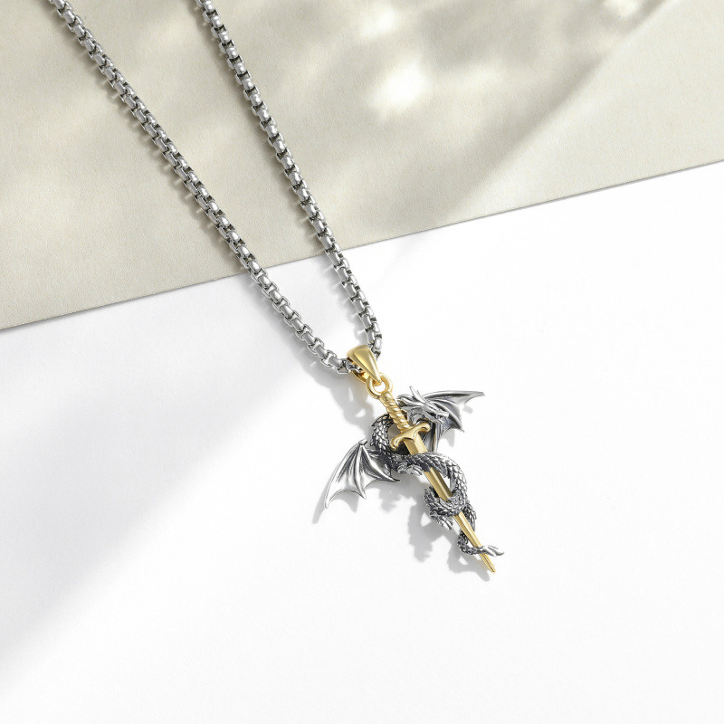Collar Colgante Dragón y Espada de Plata de Ley Bicolor para Hombre-2
