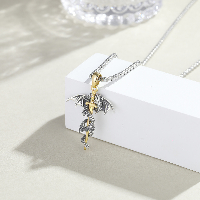 Collar Colgante Dragón y Espada de Plata de Ley Bicolor para Hombre-3
