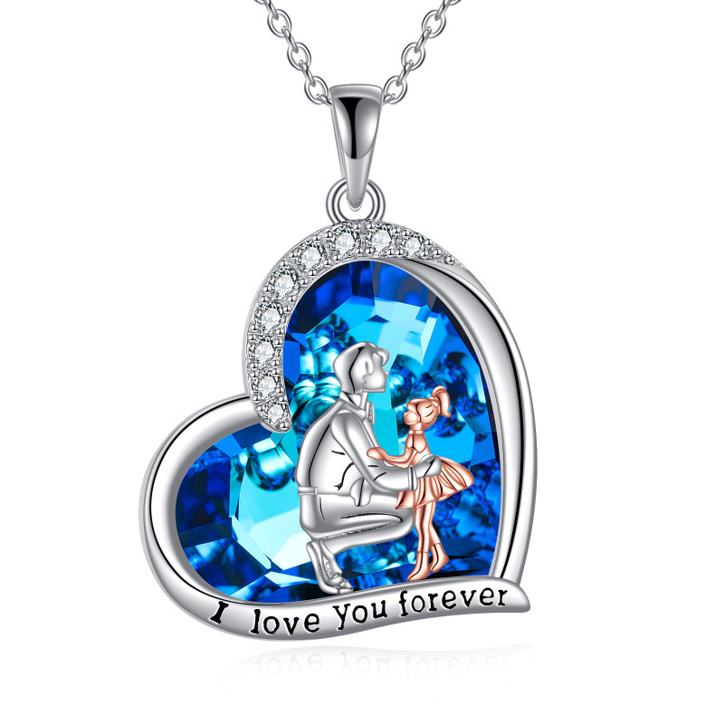 Plata de ley de dos tonos Padre e Hija Corazón Colgante Collar de cristal con la palabra grabada-18