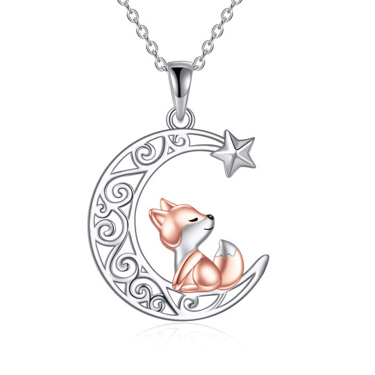 Collier pendentif en argent sterling bicolore représentant un renard, une lune et une étoile