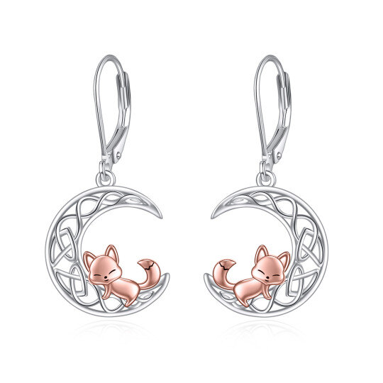 Pendientes de plata de ley con diseño de zorro y luna en dos tonos con nudo celta para mujer