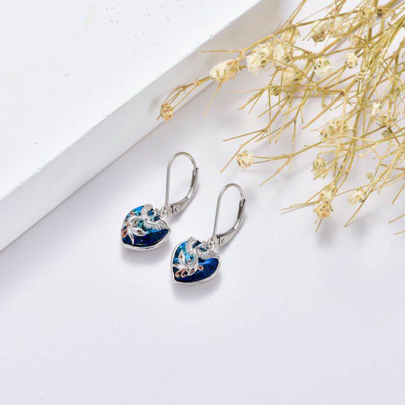 Pendientes de plata de ley con cierre de palanca y forma de fénix en forma de corazón y cristal de dos tonos para mujer-3