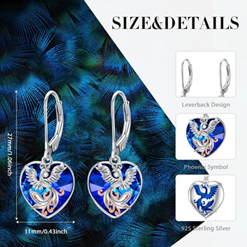 Pendientes de plata de ley con cierre de palanca y forma de fénix en forma de corazón y cristal de dos tonos para mujer-5