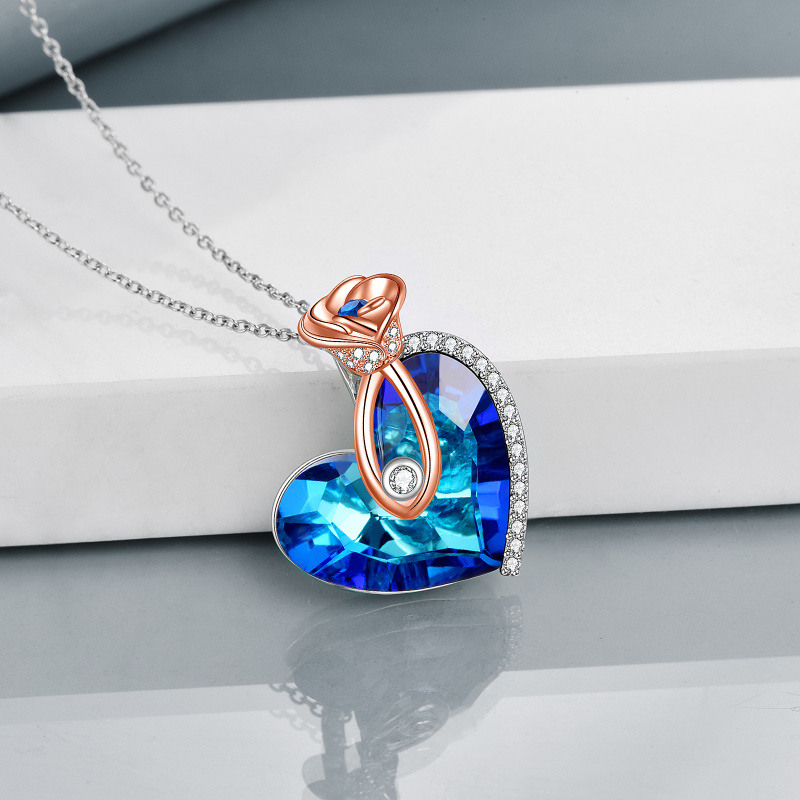Collar con colgante de rosa de circonita y cristal de corazón de dos tonos de plata de ley para mujer-2