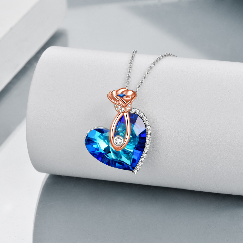 Collar con colgante de rosa de circonita y cristal de corazón de dos tonos de plata de ley para mujer-3