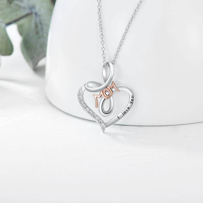 Collar de plata de ley con colgante de corazón en dos tonos y palabra grabada-3
