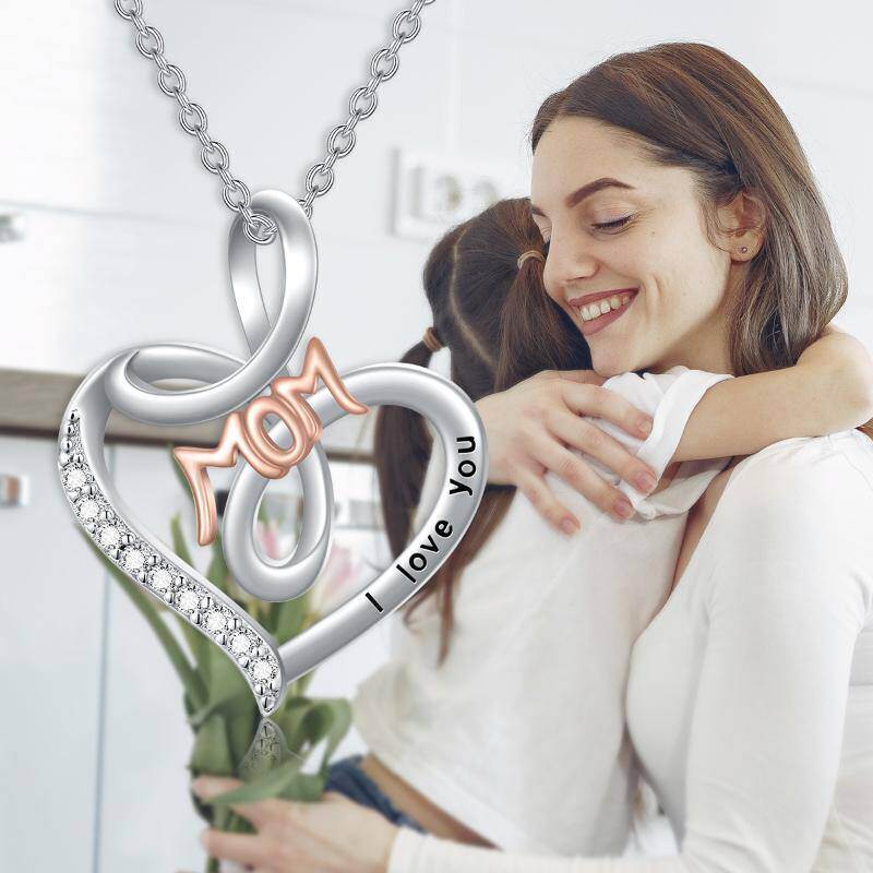 Collar de plata de ley con colgante de corazón en dos tonos y palabra grabada-5