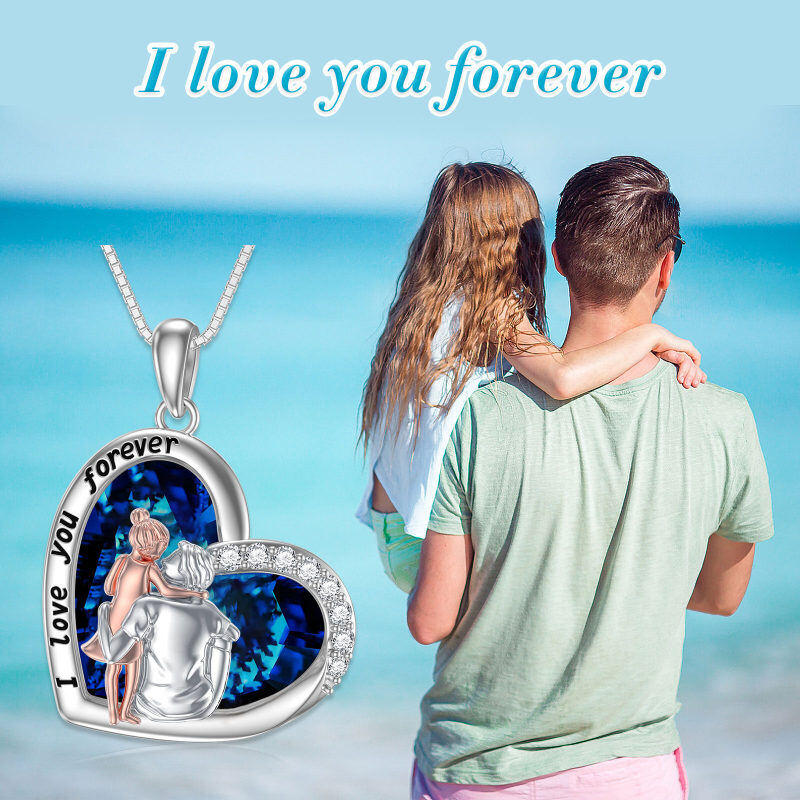Collar con colgante de cristal de corazón de padre e hija en forma de corazón de dos tonos de plata de ley con palabra grabada-3